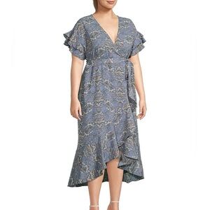Max Studio Blue Floral Faux Wrap Midi Dress Ruffle Sleeve Plus Size 1X